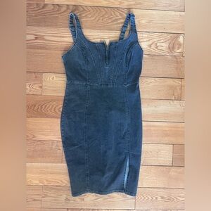 Sleeveless Dark Denim Midi Dress with Front Zip